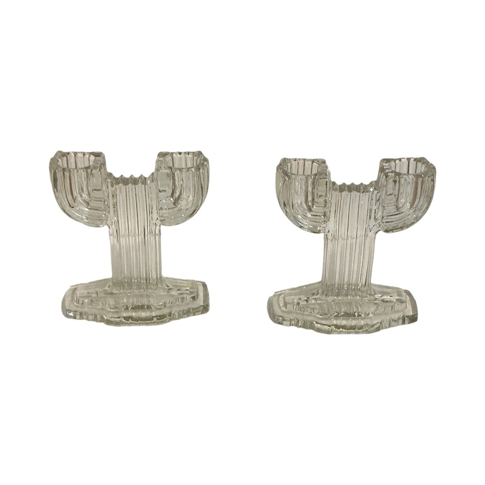 Vintage Clear Ribbed Glass Saguaro Cactus Taper Candle‎ Holders Set of 2 - Picture 5 of 5